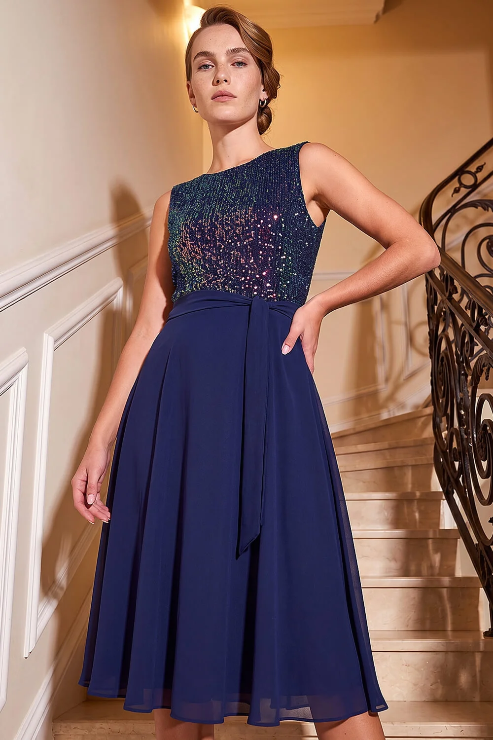 Roman Blue Sequin Bodice Belted Chiffon Dress - 16 Image 3