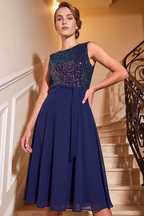 Roman Blue Sequin Bodice Belted Chiffon Dress - 16 Image 3