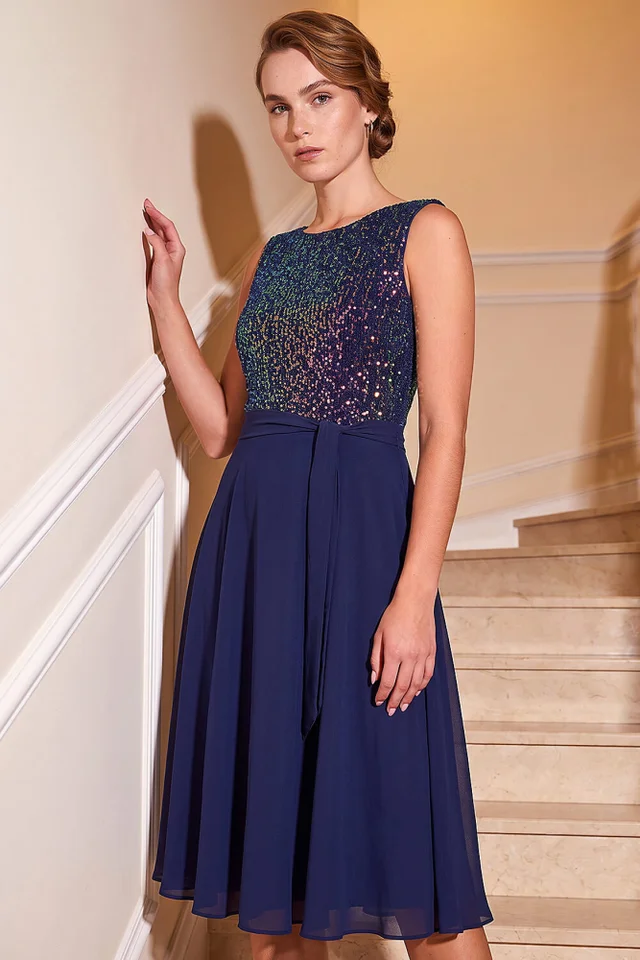 Roman Blue Sequin Bodice Belted Chiffon Dress