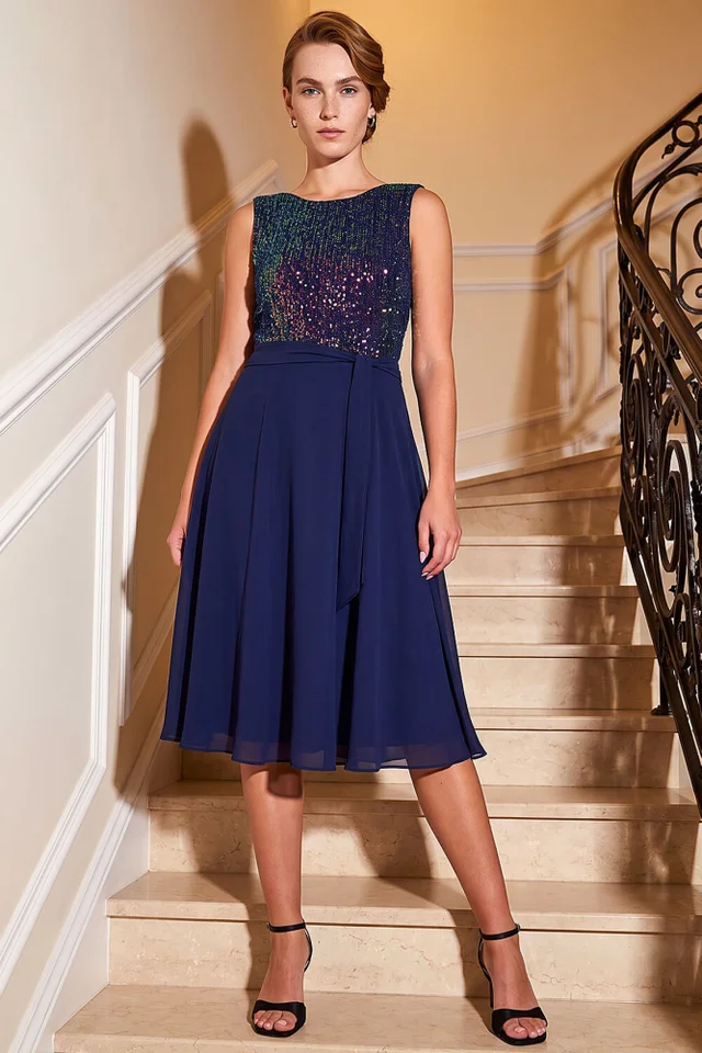 Roman Blue Sequin Bodice Belted Chiffon Dress