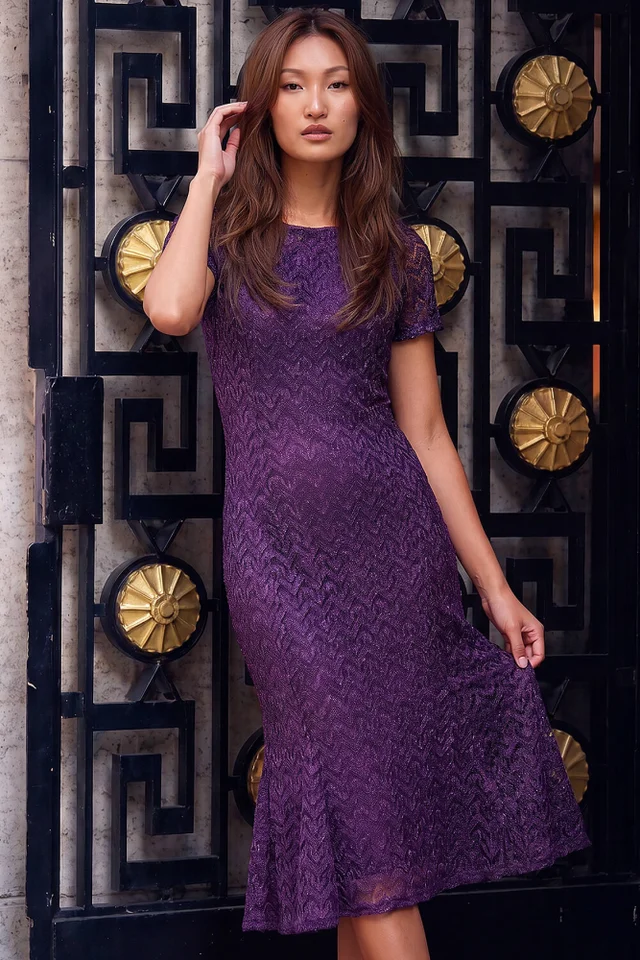Roman Purple Sparkle Lace Midi Dress