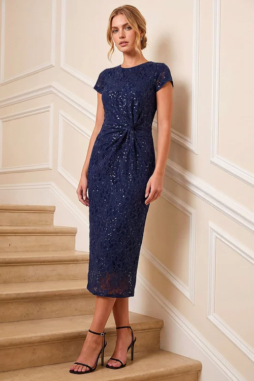 Roman Midnight Blue Sparkle Lace Twist Stretch Dress - 16 Image 2