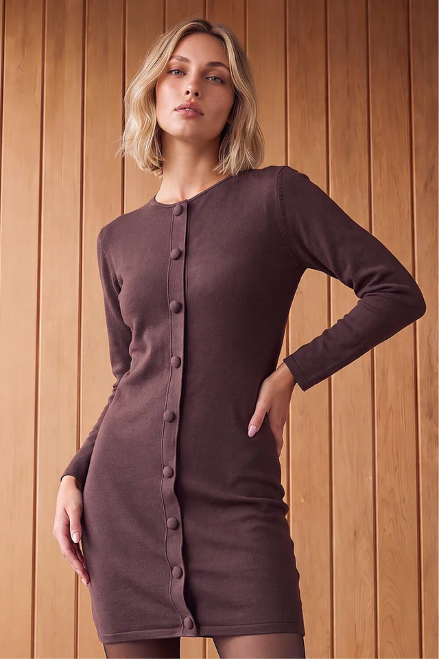 Dusk Chocolate Button Front Knit Dress