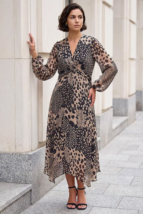 Roman Beige Animal Print Twist Front Dress - 12 Image 2