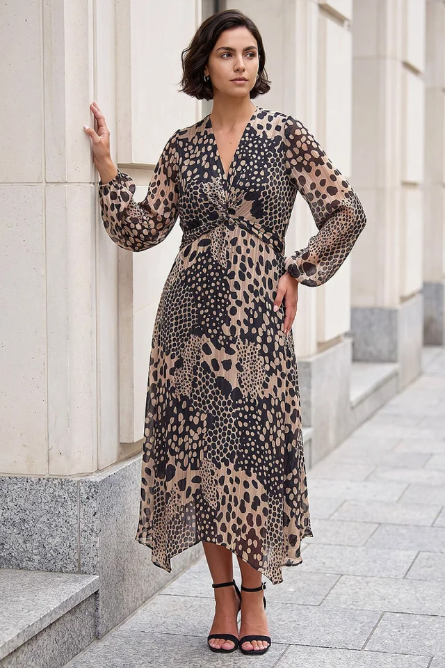 Roman Beige Animal Print Twist Front Dress