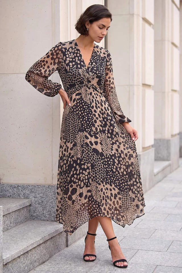 Roman Beige Animal Print Twist Front Dress