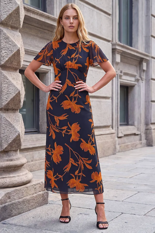 Roman Black Floral Flutter Sleeve Dress