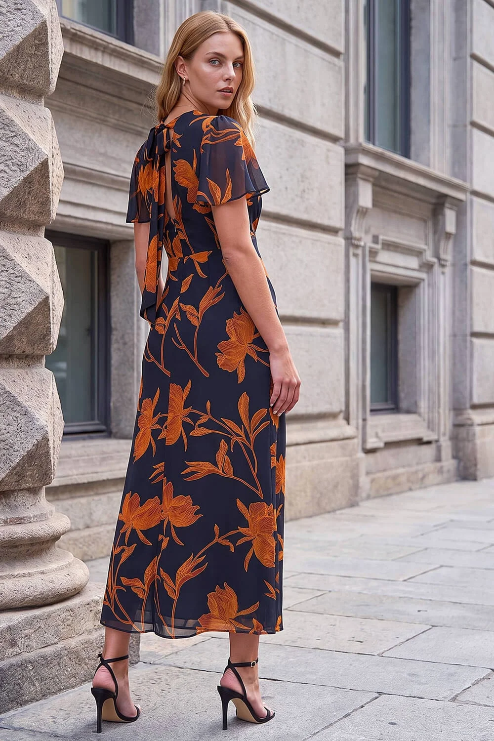 Roman Black Floral Flutter Sleeve Dress - 20 Image 3