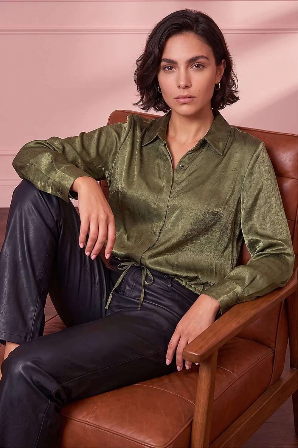 Roman Khaki Crinkle Satin Tie Hem Shirt - 10 Image 1