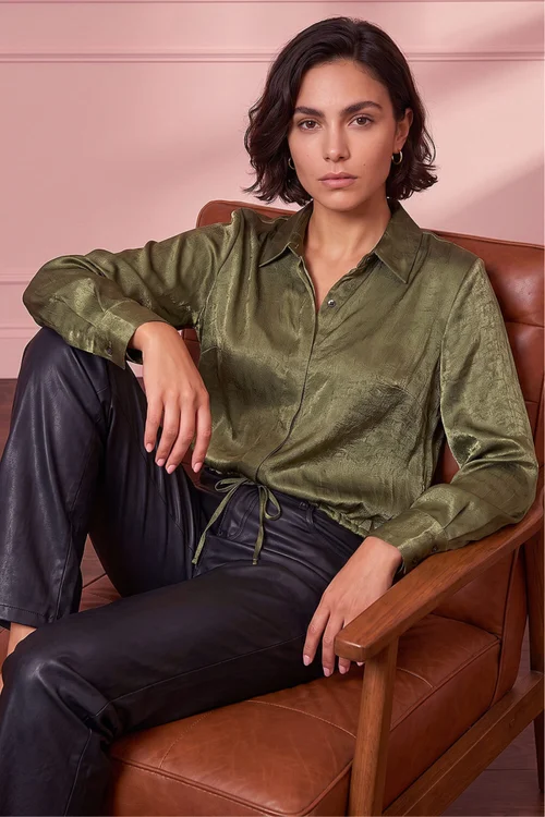 Roman Khaki Crinkle Satin Tie Hem Shirt - 10 Image 1