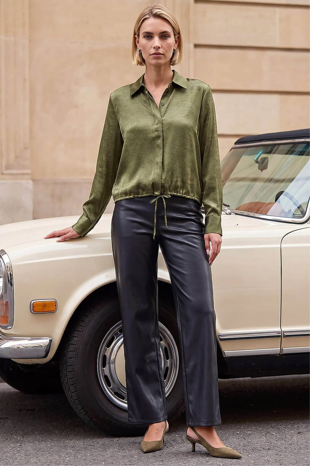 Roman Khaki Crinkle Satin Tie Hem Shirt - 10 Image 4
