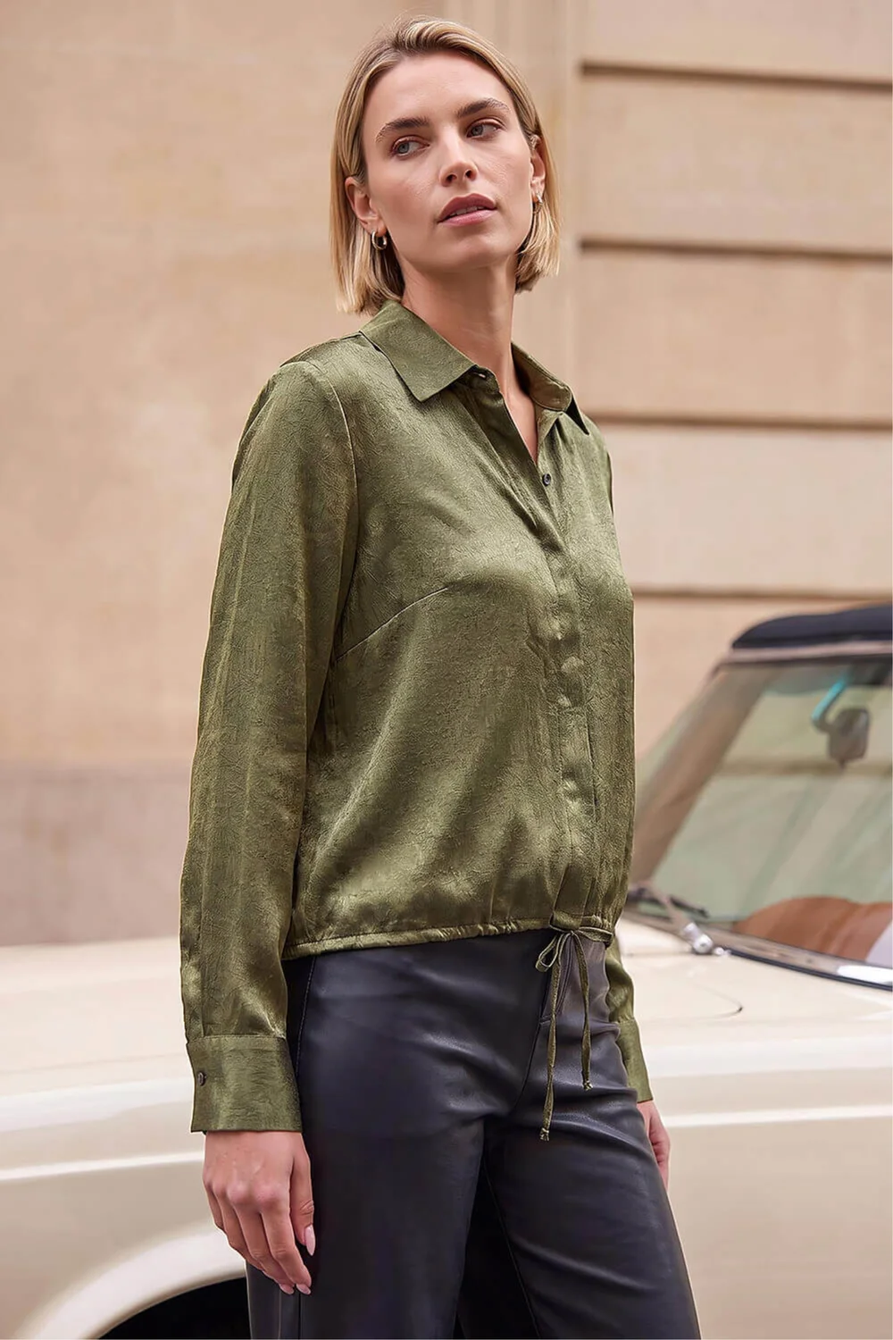 Roman Khaki Crinkle Satin Tie Hem Shirt - 10 Image 2