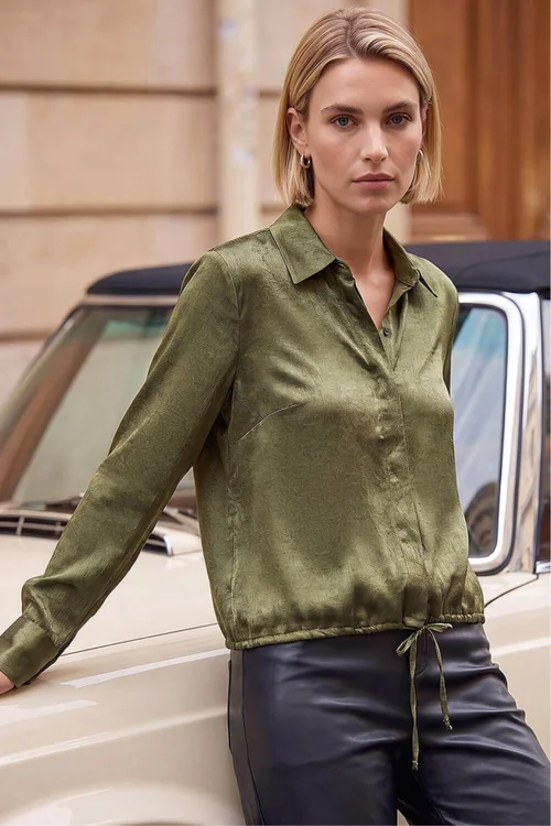 Roman Khaki Crinkle Satin Tie Hem Shirt - 10 Image 3