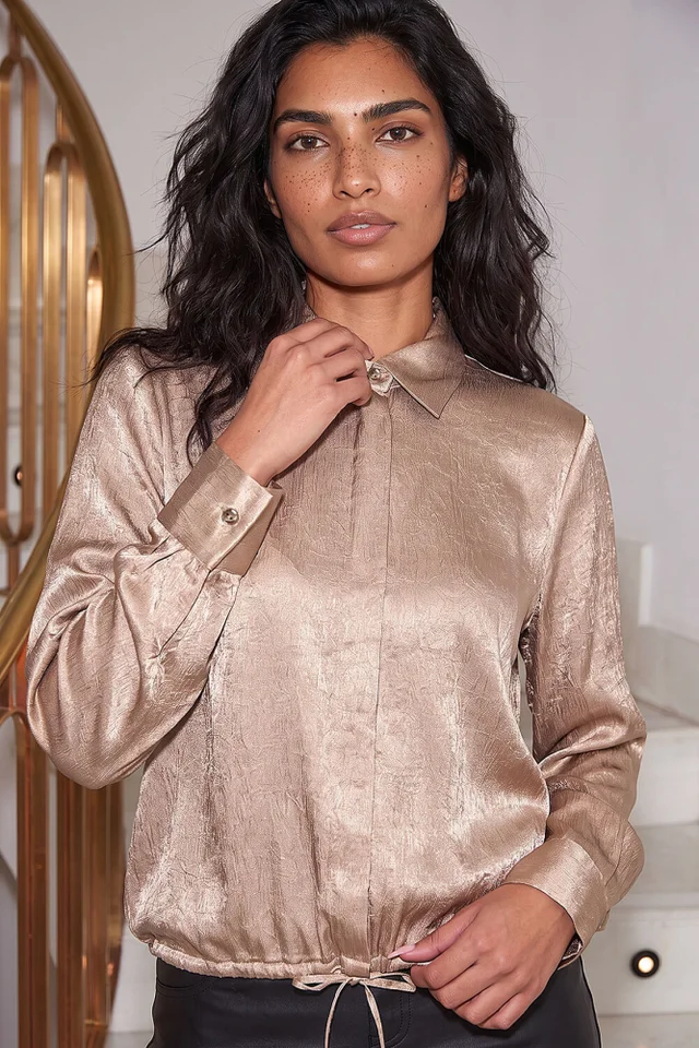 Roman Gold Crinkle Satin Tie Hem Shirt
