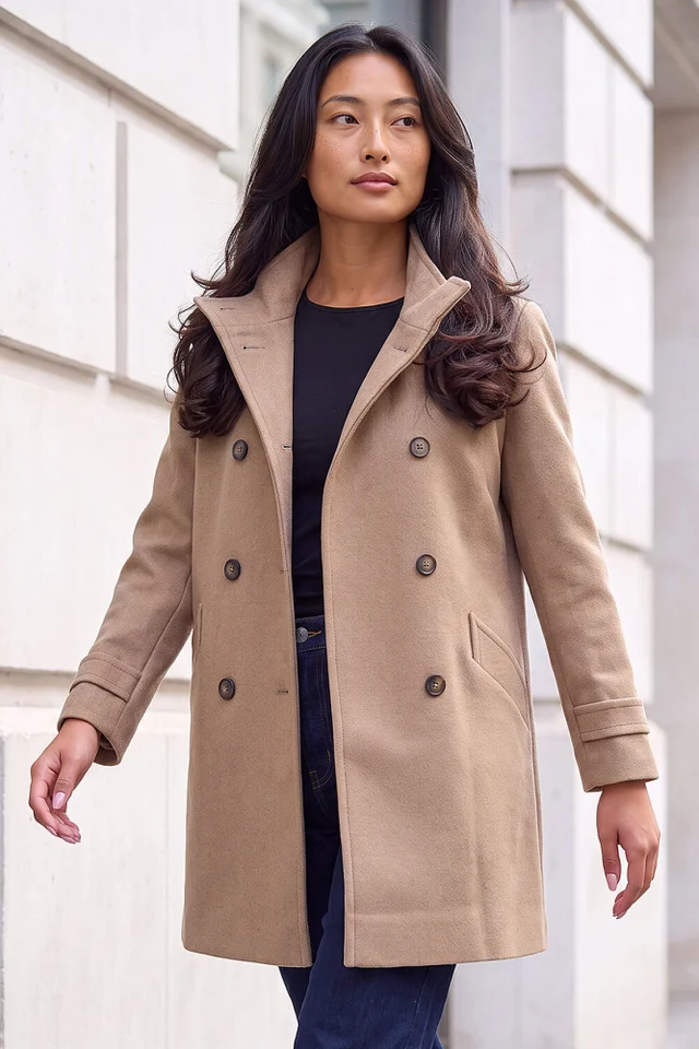 Roman Stone Petite Funnel Neck Double Breasted Coat