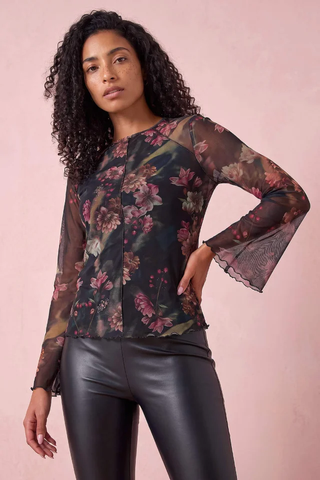Roman Wine Floral Print Mesh Top
