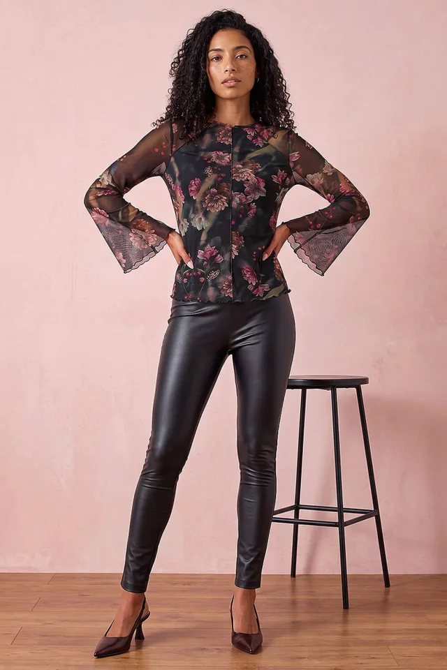 Roman Wine Floral Print Mesh Top