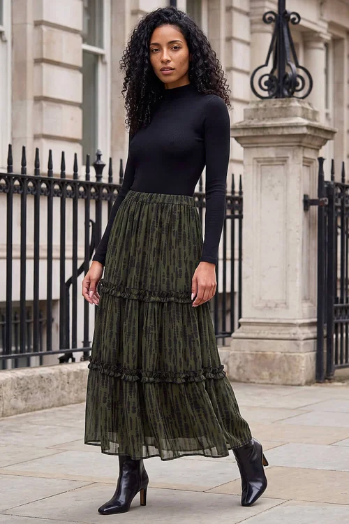 Roman Khaki Tiered Chiffon Skirt - 20 Image 2