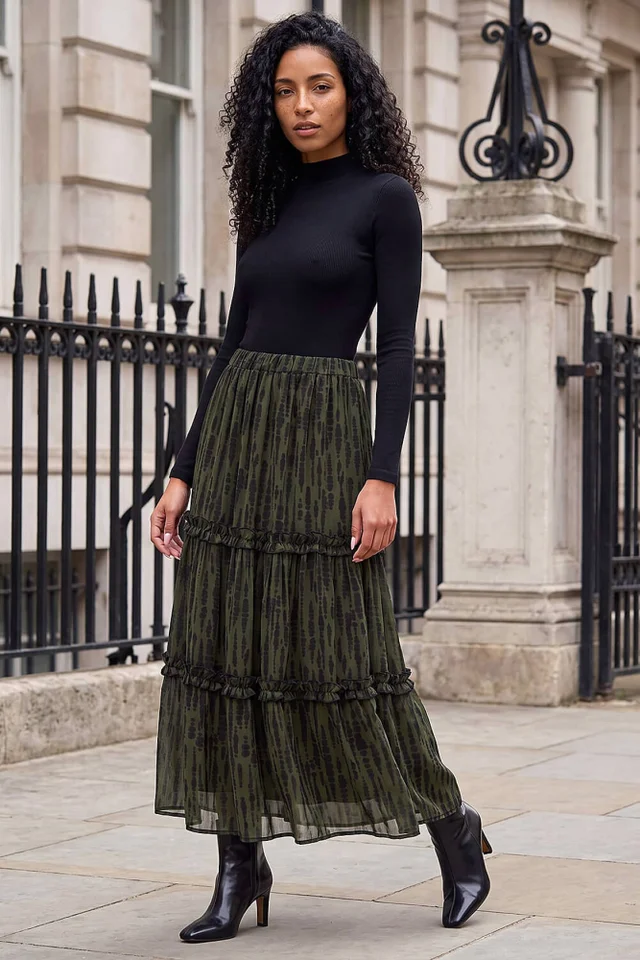 Roman Khaki Tiered Chiffon Skirt