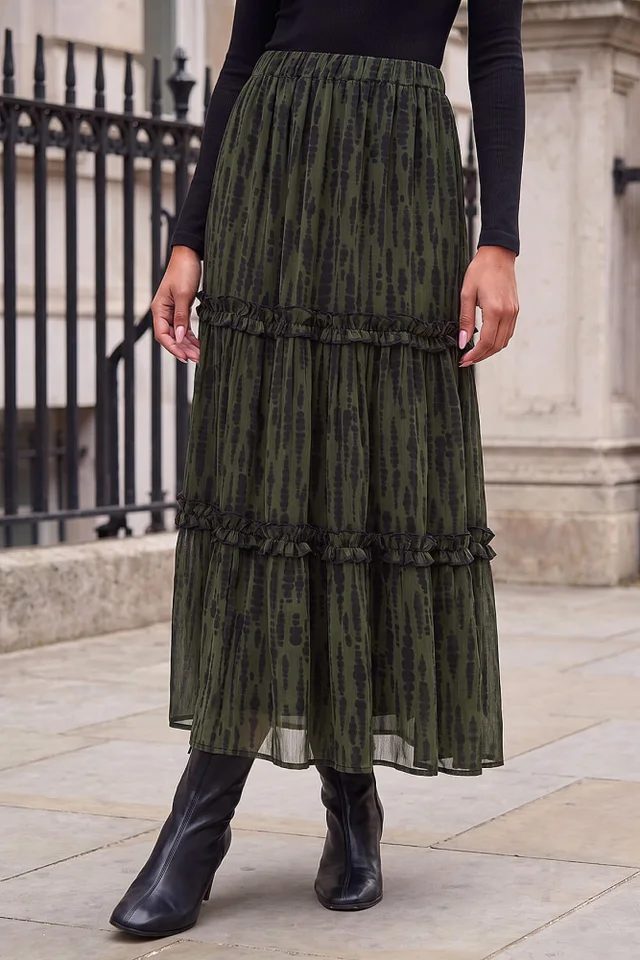 Roman Khaki Tiered Chiffon Skirt