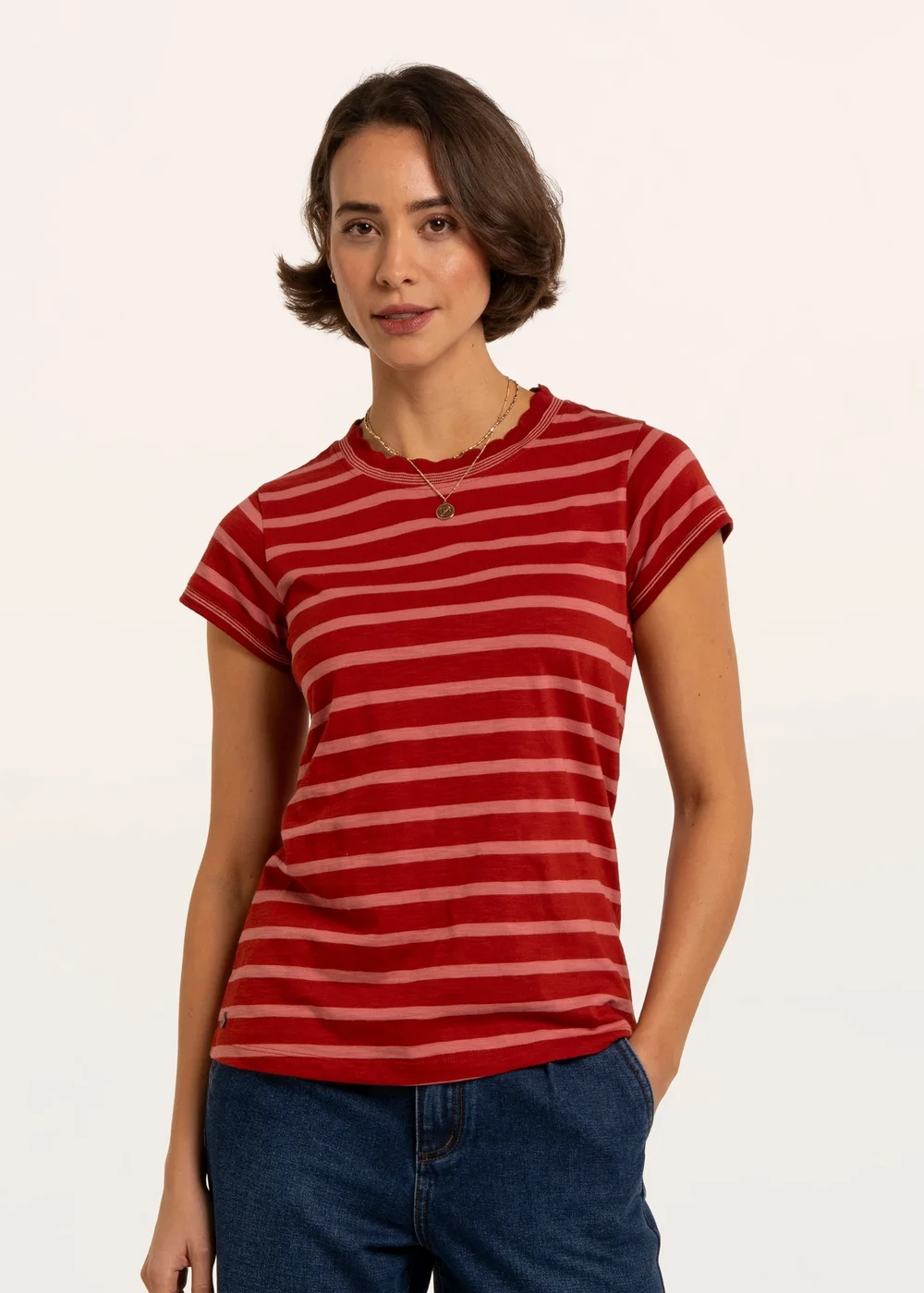 Brakeburn Red Hurst Yarn Dye Stripe Scallop Neck T-Shirt - 14 Image 1