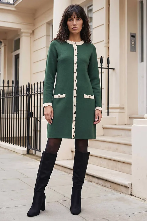 Roman Green Scalloped Button Through Knit Dress - 12 Image 2
