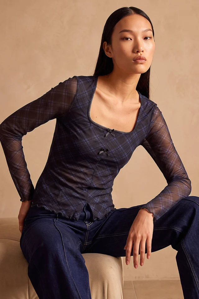 Dusk Steel Blue Bow Detail Check Top