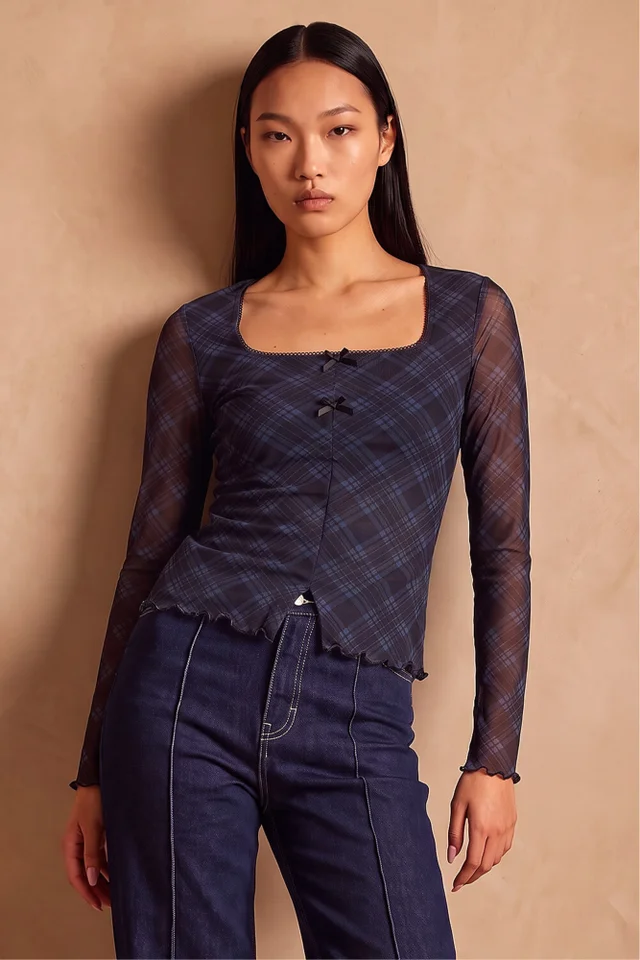 Dusk Steel Blue Bow Detail Check Top