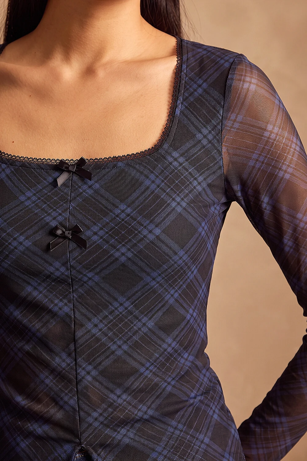 Dusk Steel Blue Bow Detail Check Top - 18 Image 4