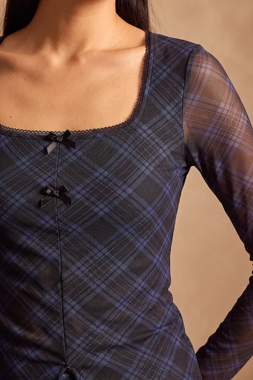 Dusk Steel Blue Bow Detail Check Top - 18 Image 4