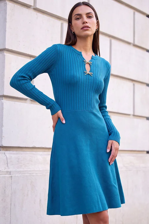 Roman Teal Metal Bow Keyhole Knit Dress - 12 Image 1