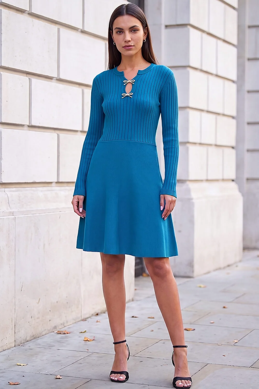 Roman Teal Metal Bow Keyhole Knit Dress - 12 Image 2