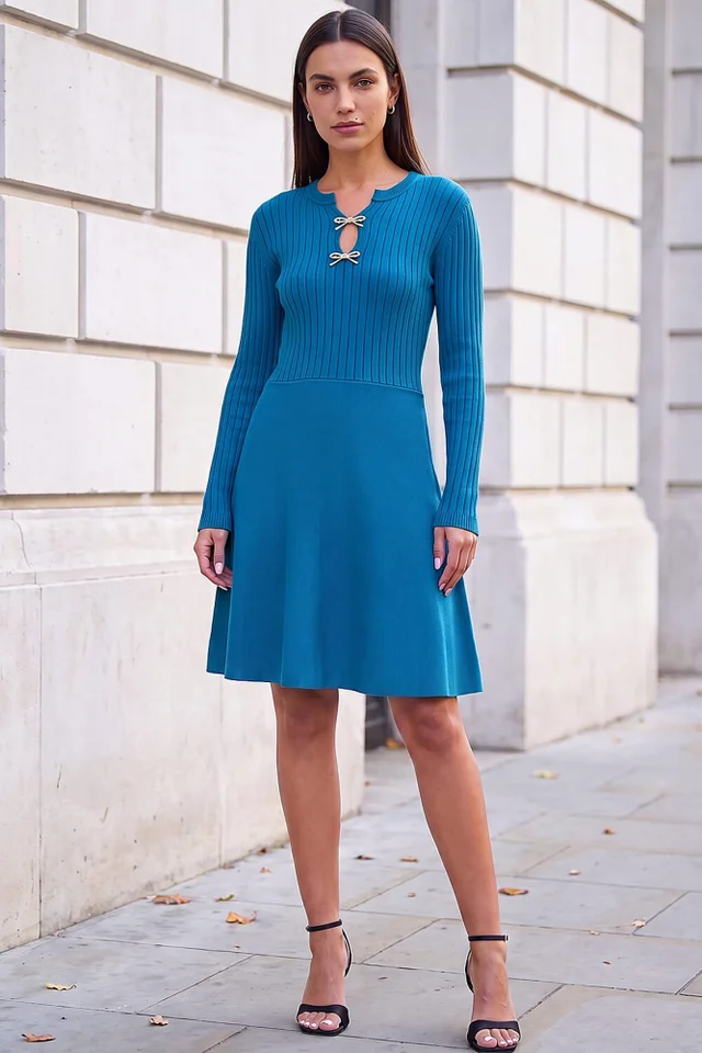 Roman Teal Metal Bow Keyhole Knit Dress
