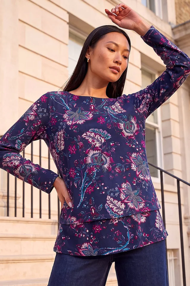 Roman Navy Floral Double Layer Top