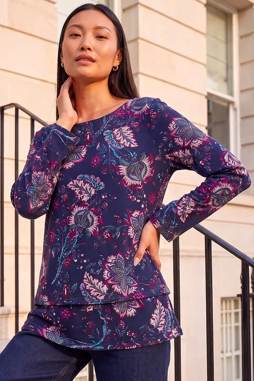 Roman Navy Floral Double Layer Top - 16 Image 2