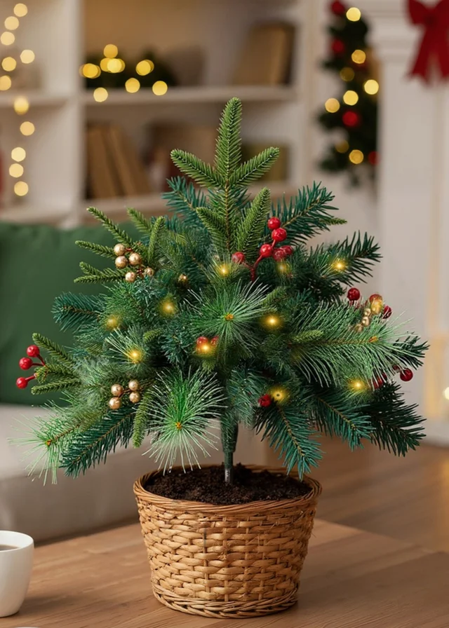 Lifeideas Green Artificial Christmas Tree Urn Filler Decoration with String Lights