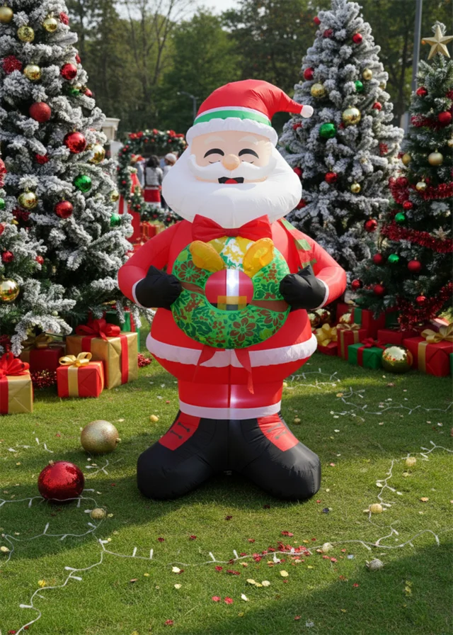 Lifeideas Red Lighted Christmas Inflatable Model Santa Holding Wreath Decoration 2.4M