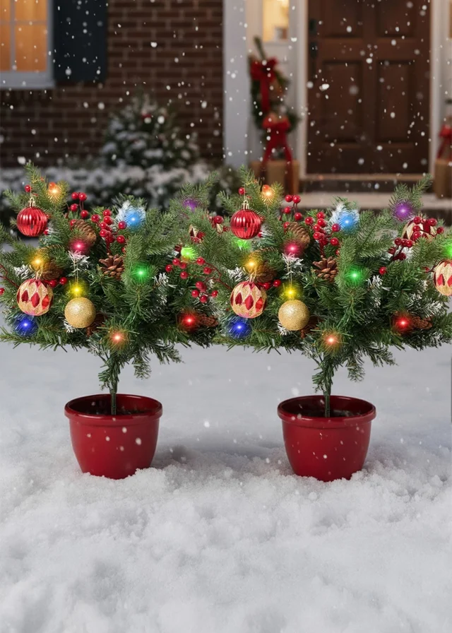 Lifeideas Green 2pcs Artificial Christmas Planter Bushes Decorations
