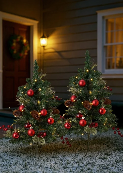 Lifeideas Green 2-Pack Artificial Christmas Trees with Decorations and LED Lights - One Size Image 1