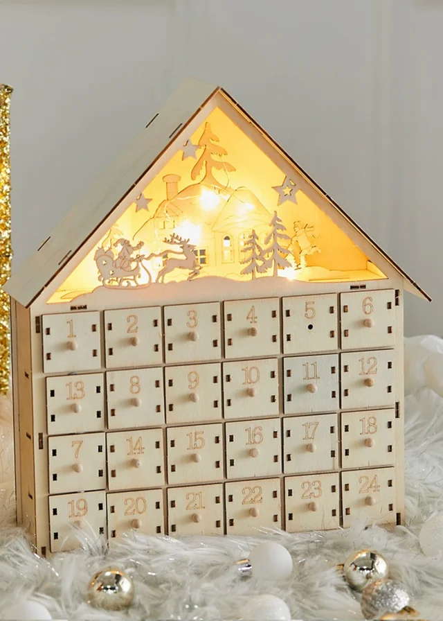 Lifeideas Brown Wooden Christmas Advent Calendar with LED Light
