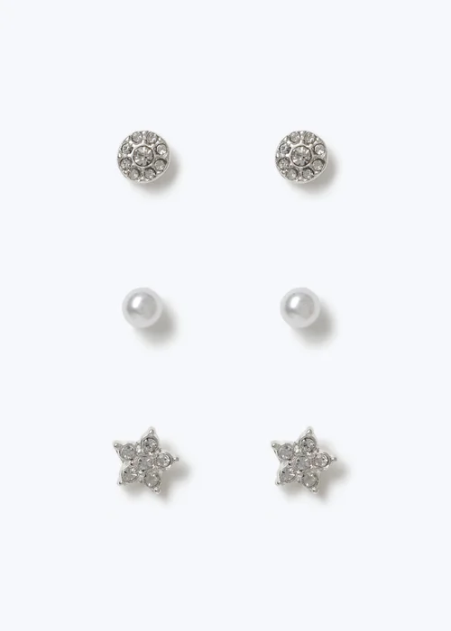 3 Pack Muse Silver Pearl Flower Stud Earrings - One Size Image 1