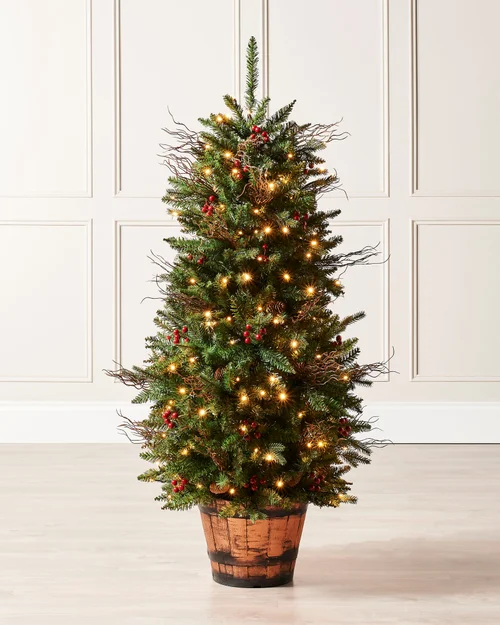WeRChristmas Green Pre-Lit Potted Artificial Christmas Tree With Pinecones And Red Berries 200 Warm White Leds 4.5 Ft - No Size Image 2