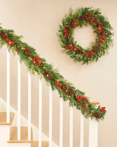 WeRChristmas Red Pre-Lit Artificial Christmas Garland With Pinecones And Red Berries 50 Warm White Leds 9 Ft - No Size Image 3