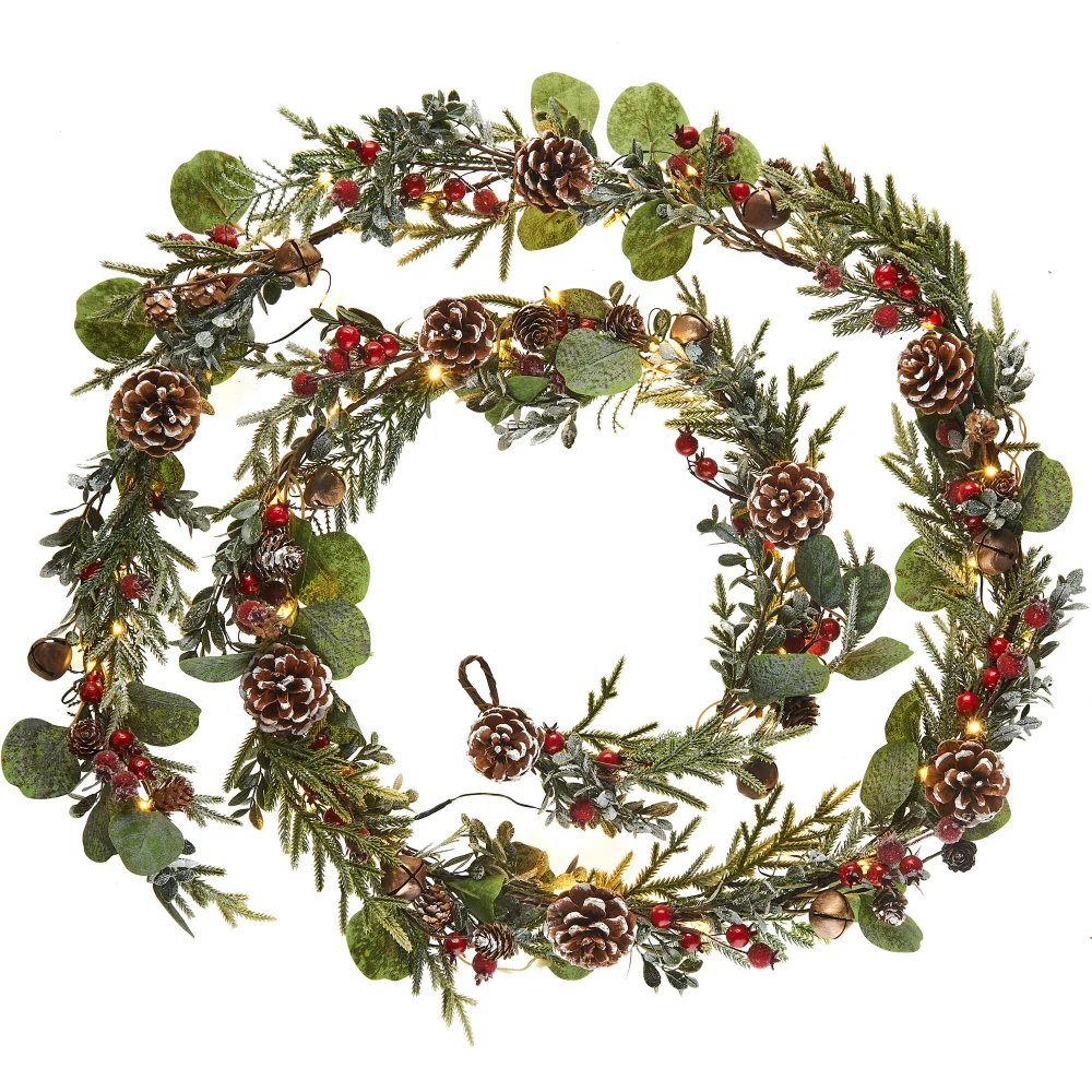 WeRChristmas Green Pre-Lit Frosted Artificial Christmas Garland With Eucalyptus Pinecones And Berries 55 Warm White Leds 9 Ft - No Size Image 1