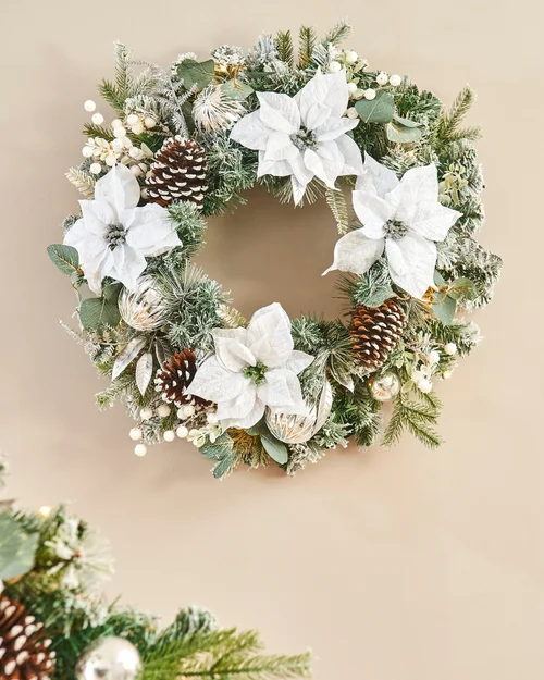 WeRChristmas Multi-Colour Pre-Lit Frosted Silver And White Decorated Artificial Christmas Wreath 20 Warm White Leds 60 Cm - No Size Image 2