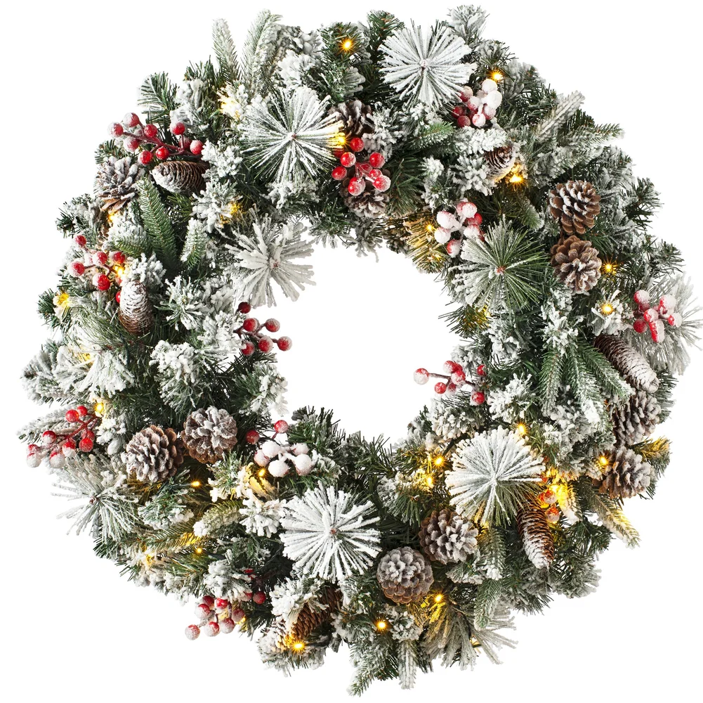 WeRChristmas Multi-Colour Pre-Lit Snow-Flocked Artificial Christmas Wreath With Pinecones And Berries 50 Warm White Leds 76 Cm - No Size Image 1