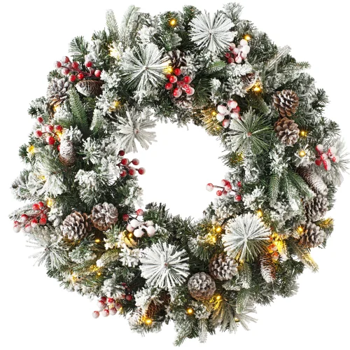 WeRChristmas Multi-Colour Pre-Lit Snow-Flocked Artificial Christmas Wreath With Pinecones And Berries 50 Warm White Leds 76 Cm - No Size Image 1