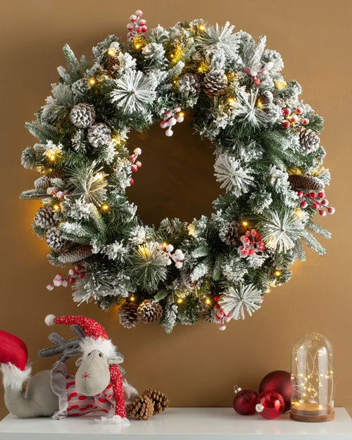 WeRChristmas Multi-Colour Pre-Lit Snow-Flocked Artificial Christmas Wreath With Pinecones And Berries 50 Warm White Leds 76 Cm - No Size Image 2