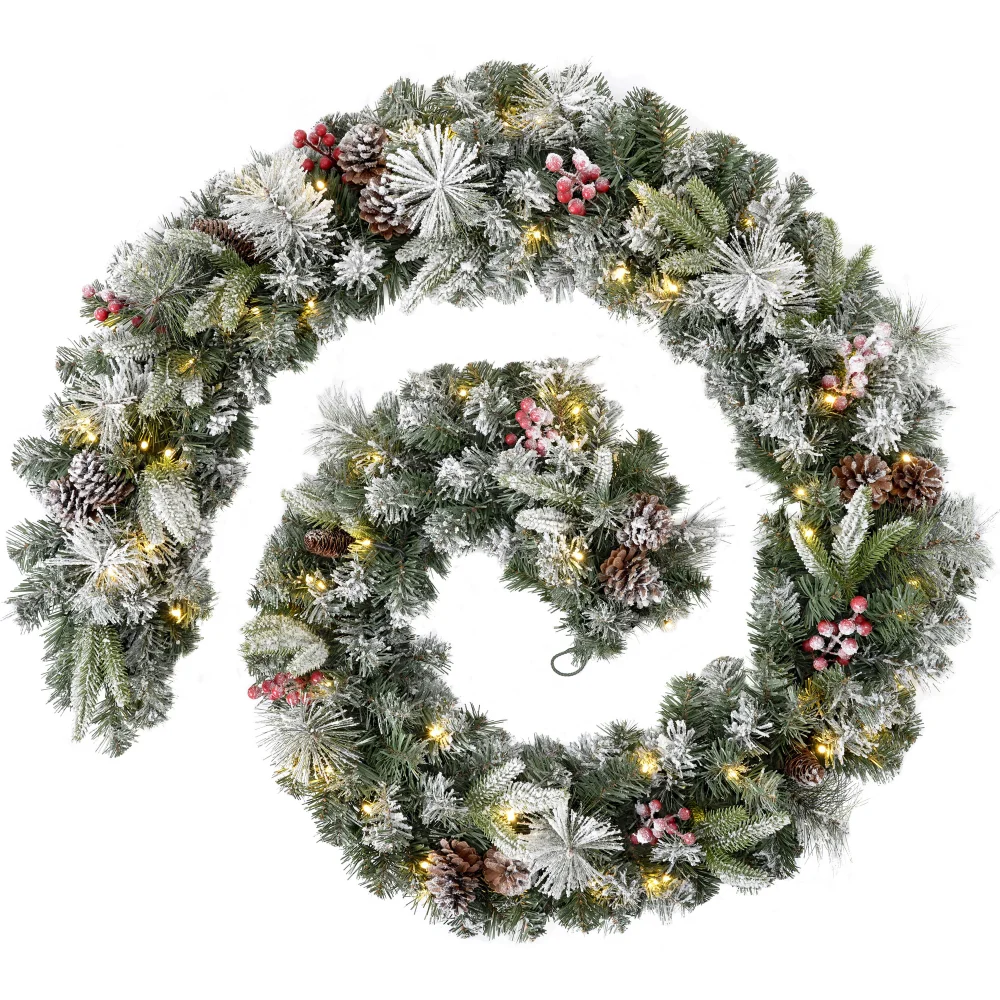 WeRChristmas Green And White Pre-Lit Snow-Flocked Extra-Thick Mixed Pine Artificial Christmas Garland 80 Warm White Leds 9 Ft - No Size Image 1