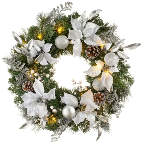 WeRChristmas Multi-Colour Pre-Lit Silver And White Decorated Artificial Christmas Wreath 20 Warm White Leds 60 Cm - No Size Image 1